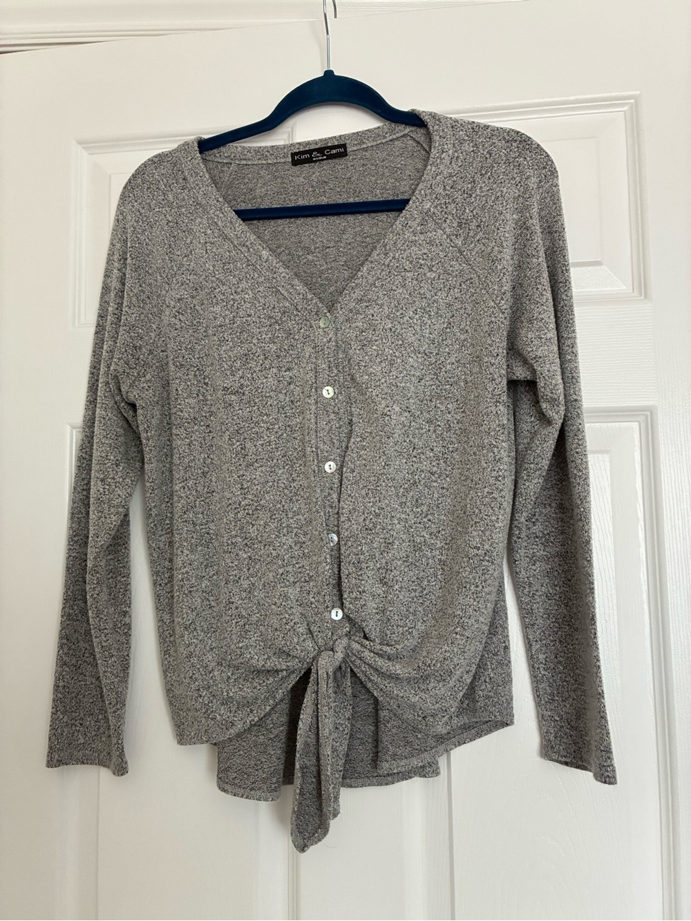 Kim & Cami Gray Tie-Front Button V-Neck Top
